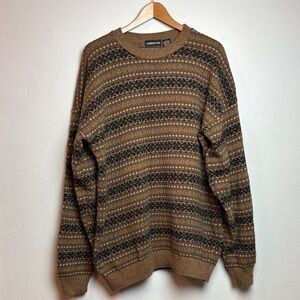 VTG Claiborne Men's XL Fair Isle Crewneck Sweater Brown Black Geometric
